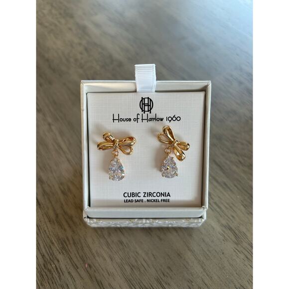 House of Harlow 1960 Gold Bow and Crystal Drop Earrings - Picture 1 of 3
